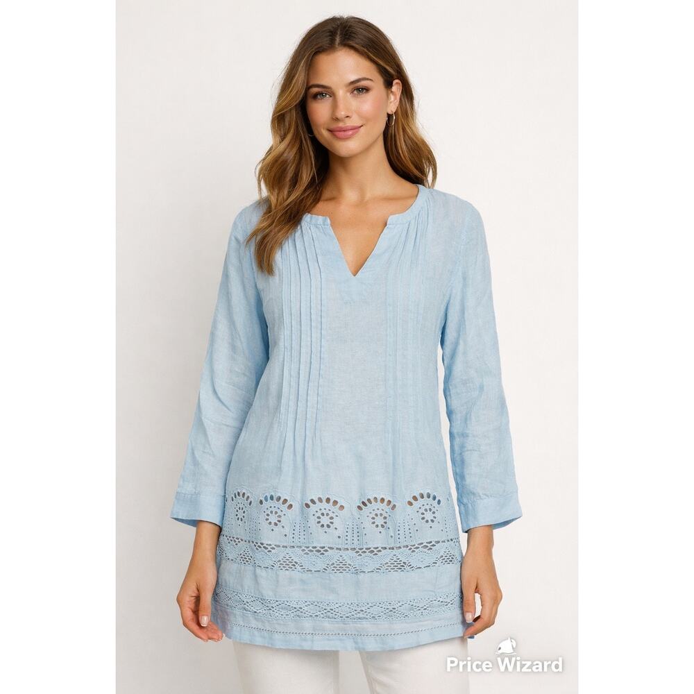 Sundance 100% Linen Tunic Top Sp Light Blue embroidered Boho Peasant Blouse